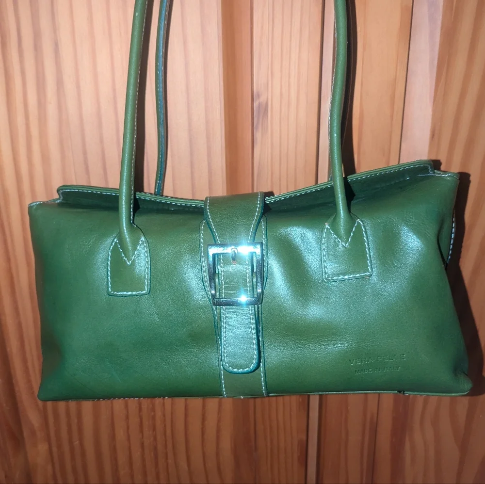 Vera Pelle Green Leather Shoulder Bag.Made In Italy